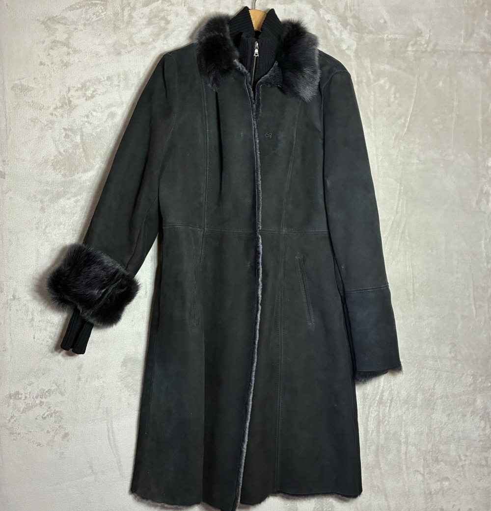 Elie Tahari Shearling Fur Collar Long Coat w/ Ribbed Zip Dickie Black Size XL